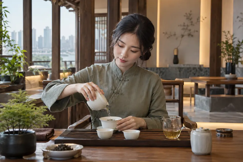 新中式茶席上使用盖碗冲泡茶叶的场景