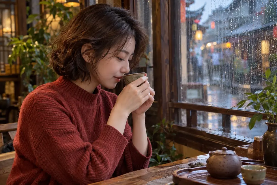 雨天窗边，一位年轻女性用陶杯闻香品茶的场景