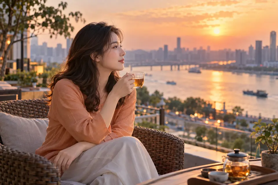 长沙江景露台上，一位年轻女性端玻璃茶杯休闲品茶的场景